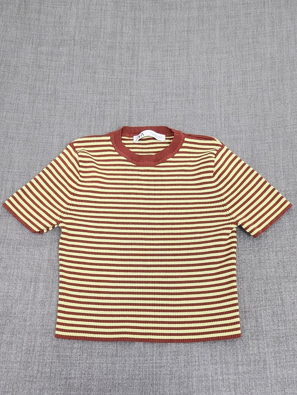 Zara Short Sleeve Striped Stretch Brown Cropped Style Top. Medium